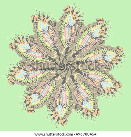 New symmetrical mandala in style zentangle inspired art with doodle. Decorative object can be used for wallpaper, pattern fills, web pages, surface textures.