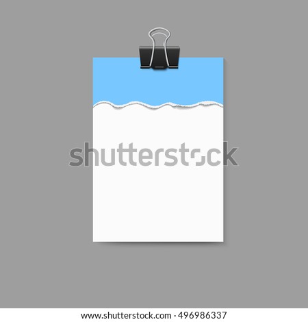 Empty vector vertical white paper poster mockup and blue piece of paper with ripped edges and big paper clip.