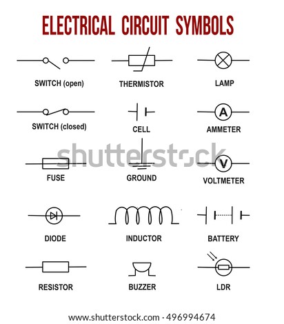 Electrical circuit symbols on white background (Helpful for basic Education & Schools), vector illustration Royalty-Free Stock Photo #496994674
