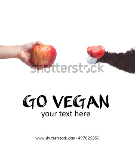 Go vegan! Concept of veganism. Vegan diet. Human hand with apple and cat paw with meat. Isolated on white. Square