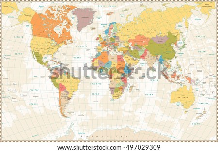 Old retro World Map with lakes and rivers. Highly detailed vector illustration of large political World Map.