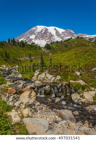 Edith Creek on a sunny blue sky day in late summer with the top of Mount Rainier in the distance, Paradise just upstream from Myrtle Falls, Mount Rainier National Park, Washington state.
