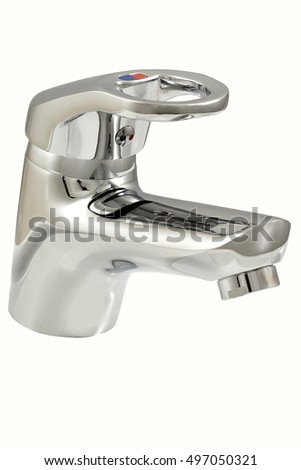 tap with flowing water against white background
