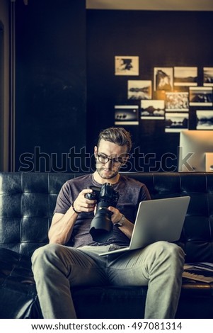 Man Busy Photographer Editing Home Office Concept