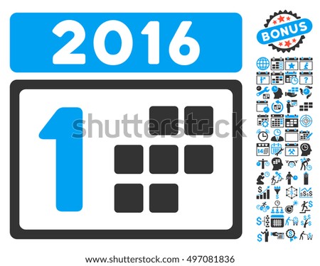 2016 Day icon with bonus calendar and time management clip art. Glyph illustration style is flat iconic bicolor symbols, blue and gray colors, white background.