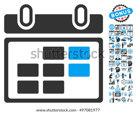 Month Calendar pictograph with bonus calendar and time management clip art. Glyph illustration style is flat iconic bicolor symbols, blue and gray colors, white background.