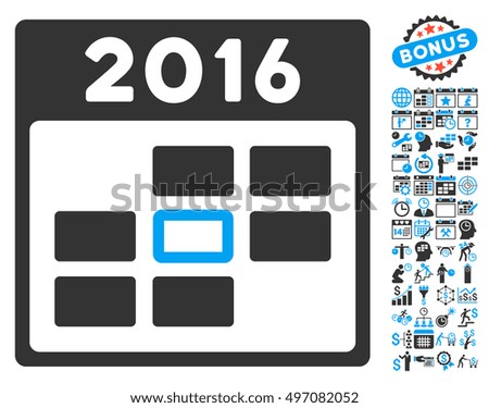 2016 Calendar Day icon with bonus calendar and time management clip art. Glyph illustration style is flat iconic bicolor symbols, blue and gray colors, white background.