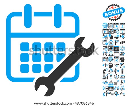 Calendar Configure pictograph with bonus calendar and time management pictogram. Glyph illustration style is flat iconic bicolor symbols, blue and gray colors, white background.