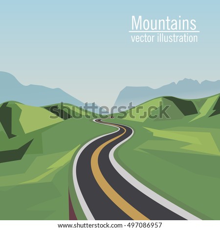 Summer Road To The Mountain. Illustration of a summer road going to mountains landscape, for vacations, travel and seasonal holidays background Royalty-Free Stock Photo #497086957