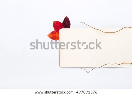 Open notepad with autumn leaves on a white background. Top view, flat lay