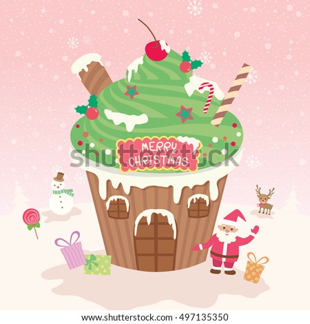 Illustration vector of merry christmas element cupcake decoration for party on snow pink background.