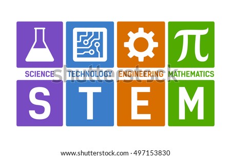 STEM - science, technology, engineering and mathematics flat color vector illustration with words Royalty-Free Stock Photo #497153830