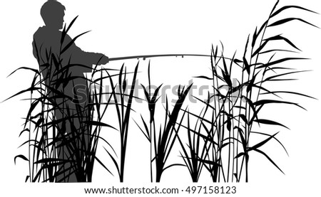 illustration with fisherman silhouettes isolated on white background