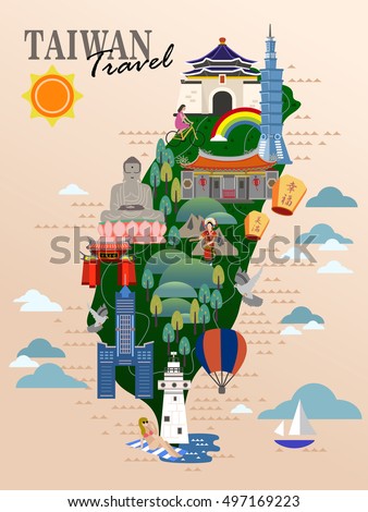 Taiwan travel poster, taiwan map with famous attractions. Blessed and happy in Chinese on the sky lantern.
