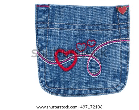 Red hearts embroidered on blue Denim jeans pocket patch, isolated on white background, close up, fashion background
