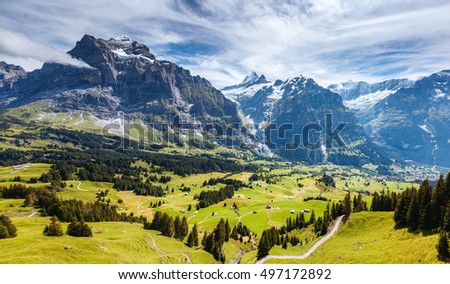 Impressive view of alpine Eiger village. Picturesque and gorgeous scene. Popular tourist attraction. Location place Swiss alps, Grindelwald valley in the Bernese Oberland, Europe. Beauty world.
