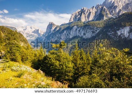 Great view of  alpine area. Picturesque and gorgeous morning scene. Salzkammergut is a famous resort area located in the Gosau Valley in Upper Austria. Dachstein glacier. Beauty world.