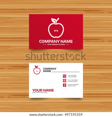 Business card template. Apple sign icon. Fruit with leaf symbol. Phone, globe and pointer icons. Visiting card design. Vector