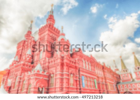 Defocused background of the State Historical Museum in Moscow, Russia. Intentionally blurred post production for bokeh effect
