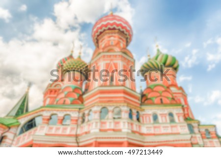 Defocused background of St. Basil's Cathedral in central Moscow, Russia. Intentionally blurred post production for bokeh effect