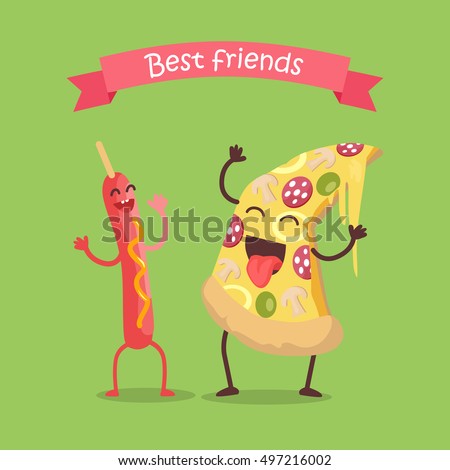 Best friends sausage on stick and pizza dancing. Funny food story conceptual banner. Fresh cooked food characters in cartoon style on disco. Happy meal for children. Childish menu poster. Vector