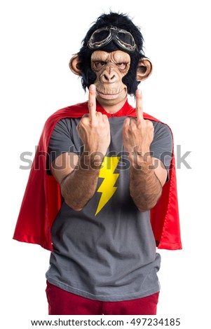 Superhero monkey man making horn gesture