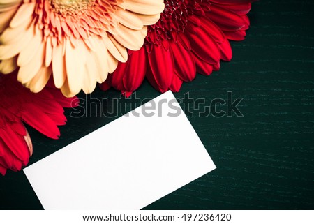 Bright colorful gerbera flowers and blank  paper card for your text on a dark wooden background