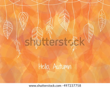 Decorative border in boho style with feathers and leaves. Gorgeous vector background with hand drawn elements.