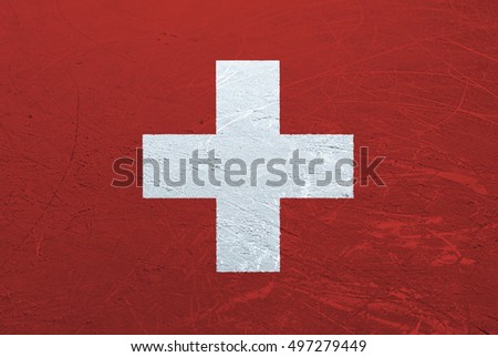 A Swiss flag stamped onto the surface of an ice rink.