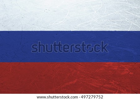 A Russian flag stamped onto the surface of an ice rink.