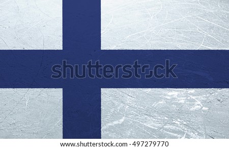 A Finnish flag stamped onto the surface of an ice rink.