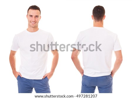 Happy man in white t-shirt on white background Royalty-Free Stock Photo #497281207