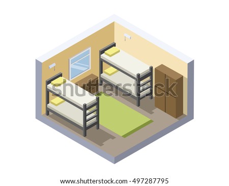 Vector Isometric illustration of hostel room. Flat 3d. Interior design. Cheap hotel icon.