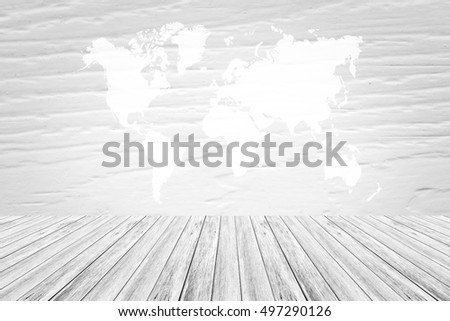 Wood texture surface white color use for background with Wood terrace and world map