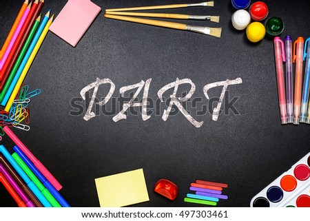 The title part on the chalkboard (school board) and school, office supplies (paints, pencils, brushes, paper clips).
