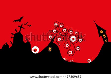 Halloween night with creepy castle, bat, crow and tomb. Vector illustration with colorful background.