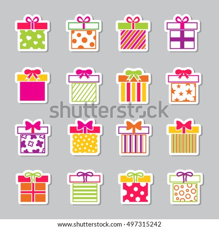 Colorful gift boxes vector icons set. Birthday holiday and christmas illustration