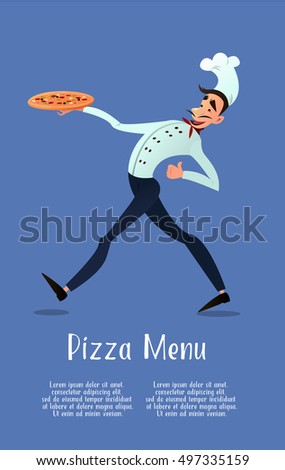 Cook with pizza. pizza menu. Italian pizza. Chef. Pizza delivery. Vector illustration in style flat