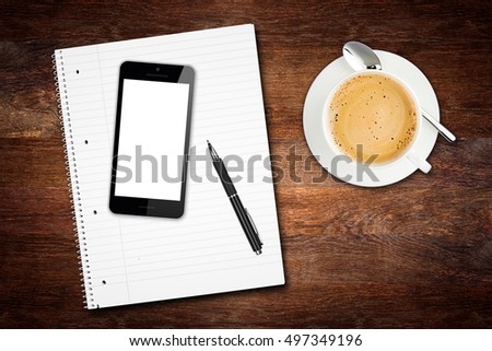 wooden desktop tabletop view break concept with notepad smart phone pen and coffee cup
