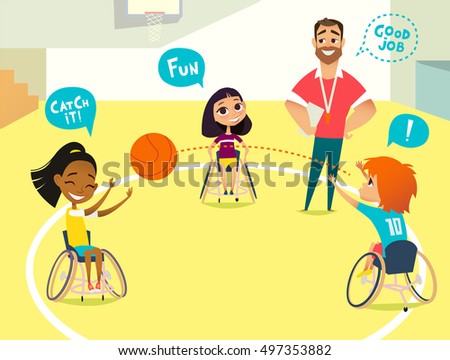 School lesson. Handicapped Kids. Boys and girls in wheelchairs playing baseball in a gum. Coaching handicapped young sportsmen's. Medical rehabilitation. Vector Illustration.