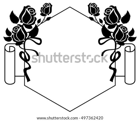 Black and white frame with roses silhouettes. Raster clip art.