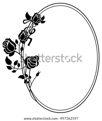 Oval black and white frame with roses silhouettes.  Raster clip art.