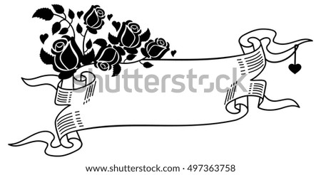 Contour paper scroll with roses silhouettes. Raster clip art.