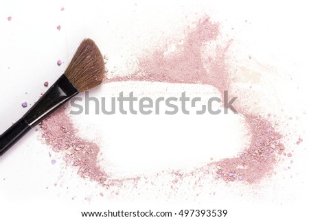 Makeup brush on white background, with traces of powder and blush on it. A horizontal template for a makeup artist's business card or flyer design, with plenty of copyspace