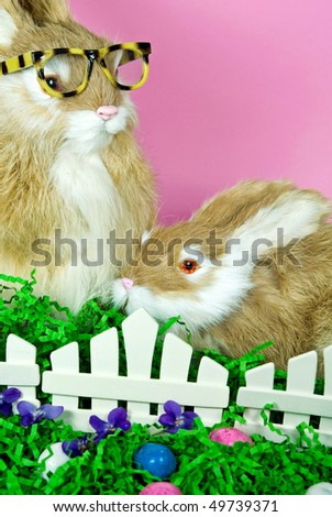 easter bunnies with eggs in grass