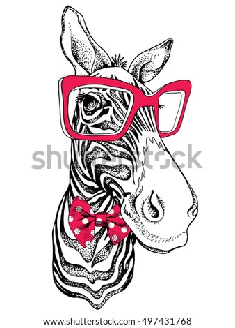 Zebra portrait in a polka-dot tie with a red glasses. Vector illustration.