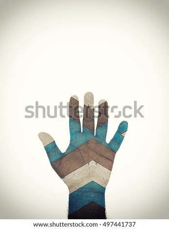 left hand of man with vintage wood texture filter on isolate - can use to display or montage on product