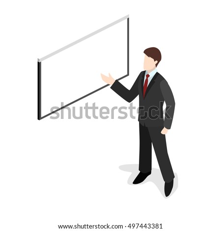 Business meeting in an office. Isometric flat 3D vector illustration business man pointing to an empty board