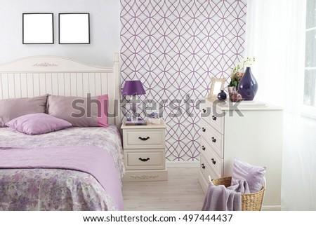 Modern bedroom interior and purple decorative wall paper 