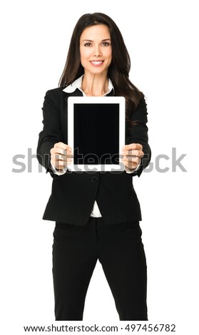 Businesswoman with blank digital tablet on white